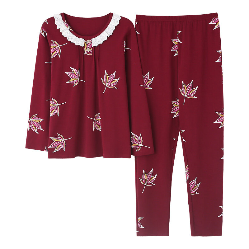 Pijamas Feminino Bộ Đồ Ngủ Nữ Bộ Lá Mùa Thu In Hoa Homewear Nữ Dài Tay Cotton Nguyên Chất Đồ Ngủ Áo Pyjamas