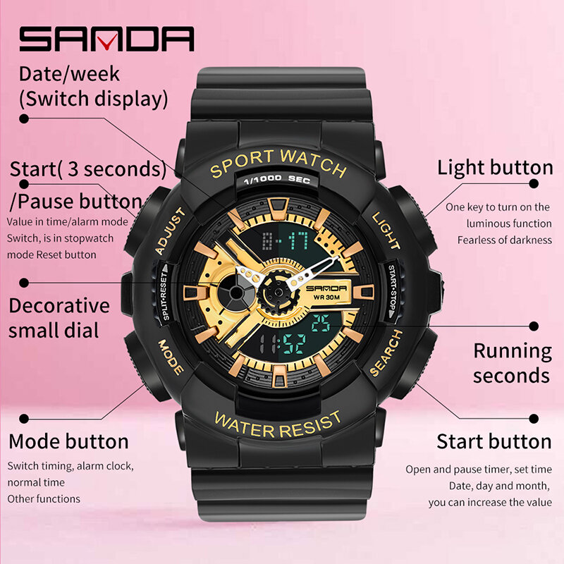 SANDA-reloj Digital para deporte al aire libre para mujer, pulsera con alarma 3Bar, resistente al agua, militar, pantalla LED, 292