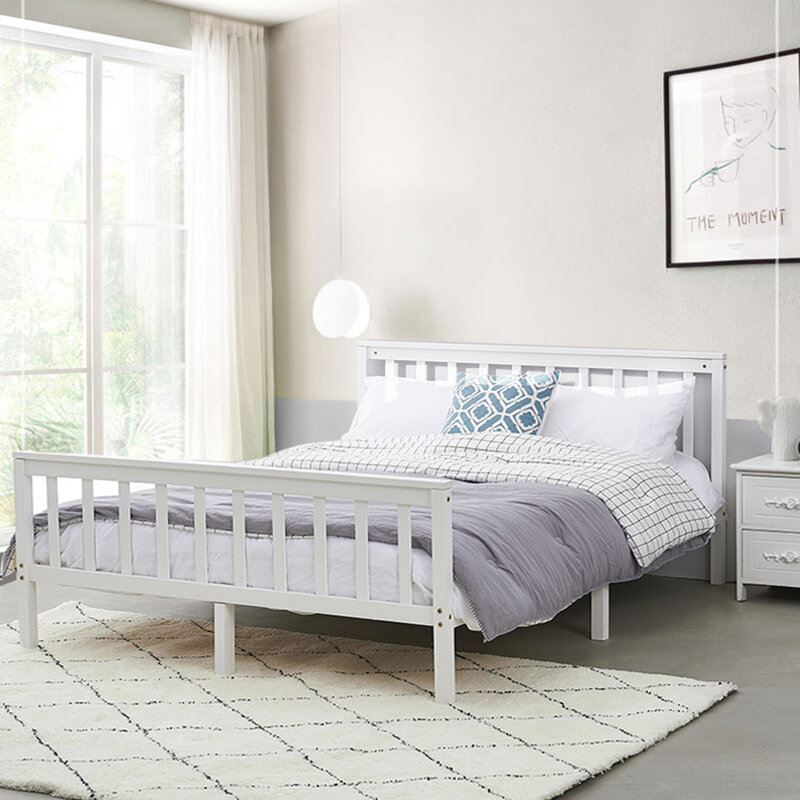 Panana puro sólido de madera cama doble adultos cama de niños 4FT6 cama de madera maciza Blanco/Natural