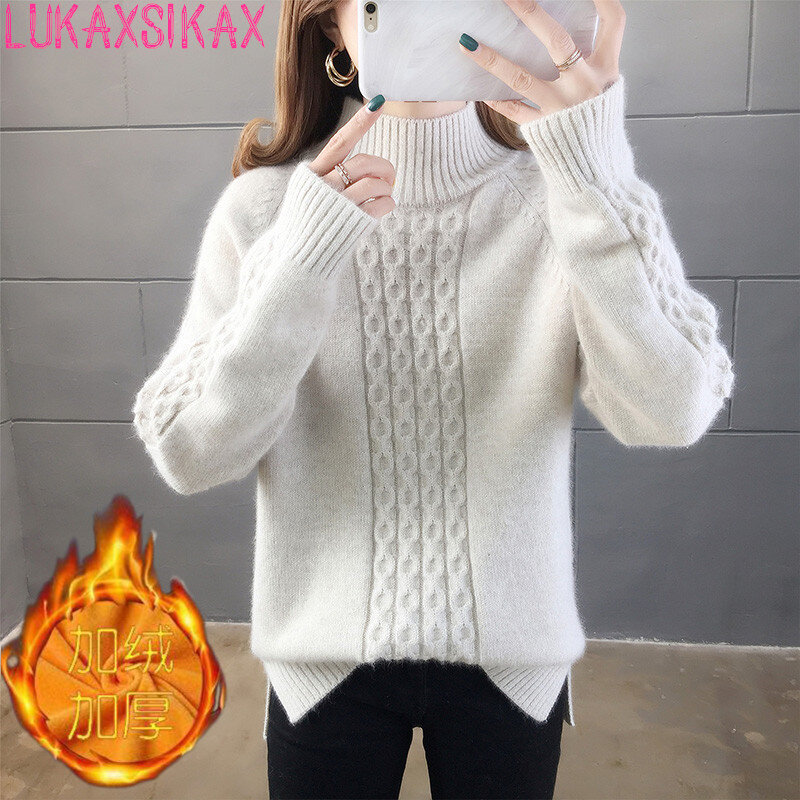 LUKAXSIKAX-suéter de cuello alto para mujer, suéter de punto de Color sólido trenzado, cálido, grueso, a la moda, nuevo, Otoño e Invierno