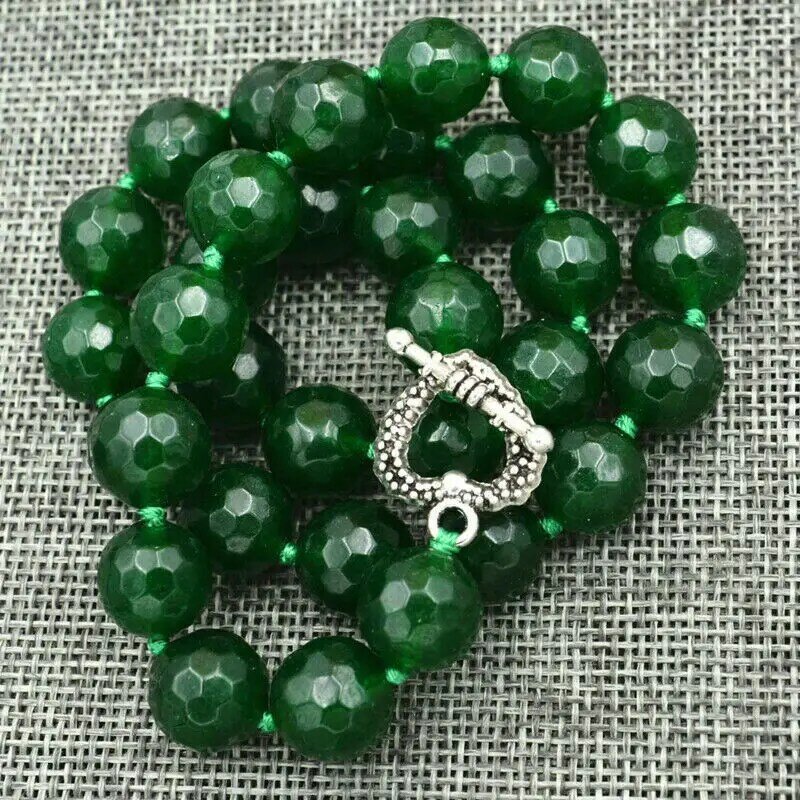 Long 18"12mm Faceted Green Jade Round Beads Necklace Heart Clasp