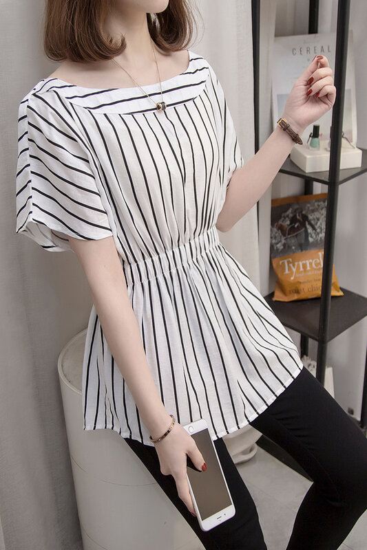 COIGARSAM 4XL размера плюс, модная полосатая блузка, женская летняя блузка с высокой талией, Женские топы и блузки белого цвета 8028