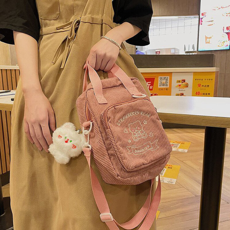 Corduroy Crossbody Bag Women Embroidery Bear Transparent Cute Messenger Bags Japanese Style Solid Casual Handbags Female WY395