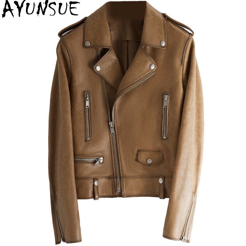 AYUNSUE – Veste en cuir pour Femme, manteau en peau de mouton véritable, vêtements courts féminin, mode printemps-automne 100%, 25
