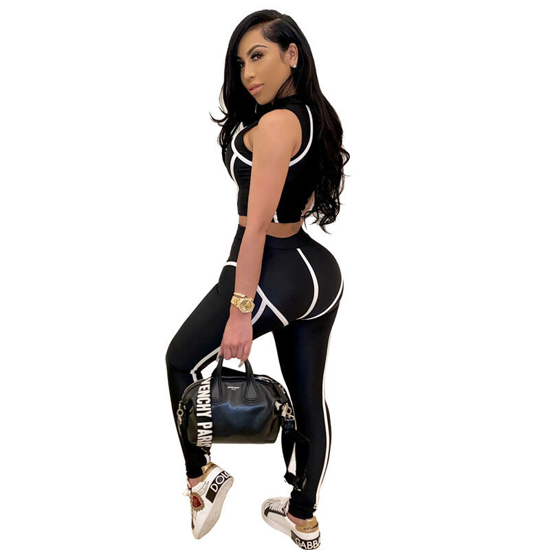 Adogirl S-3XL Stripe Patchwork Women Casual Two Piece Set Sleeveless Crop Top Pencil Pants Gym Fitness Tracksuit Fashion Suits