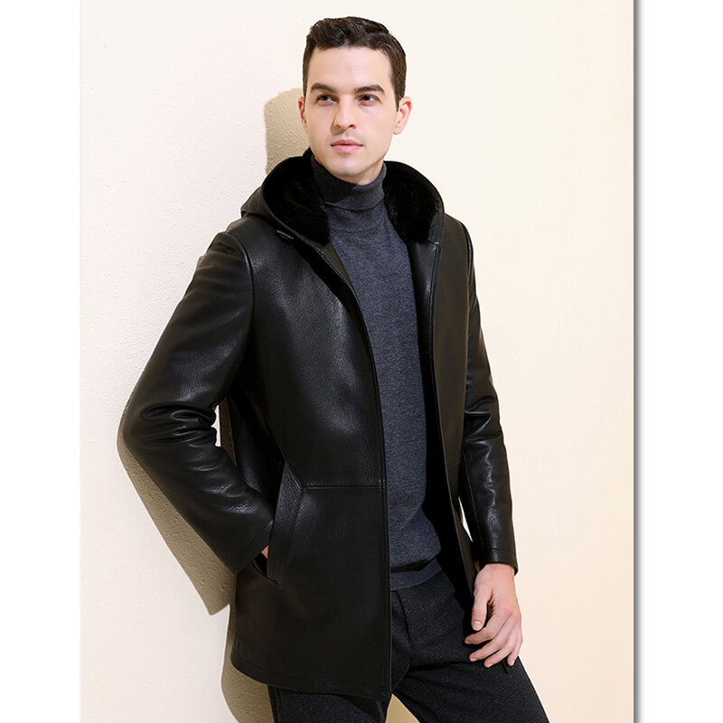 Men Luxury Full Pelt Mink Fur Jacket Winter Warm Guaranteed Real Goat Skin Shell Hooded Real Fur Nick Garment Fur Parkas