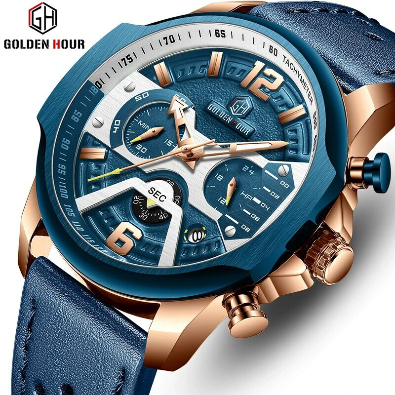 Mens Watches Top Brand Luxury Blue Quartz Men Watch Leather Chronograph Big Sport Wrist Watch Man Male Clock Relogio Masculino