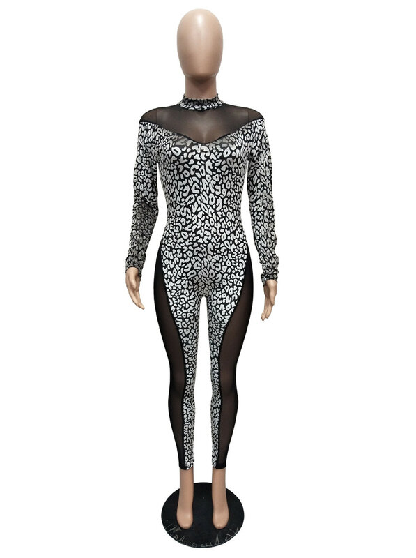 Macacão feminino sexy, malha transparente, estampa de leopardo, roupa para festival, festa noturna, boate, corpo