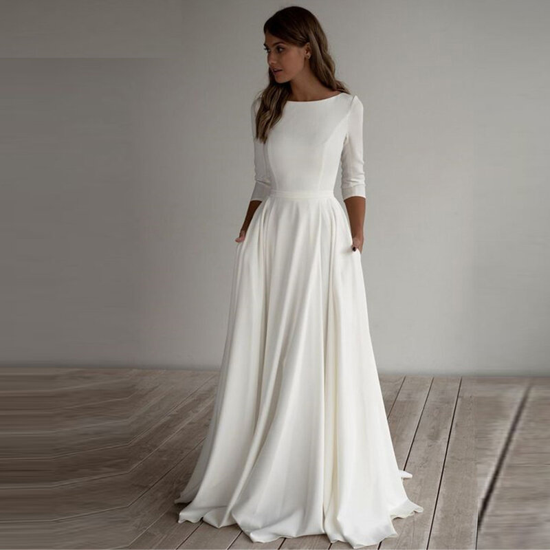 Vestido de novia de satén de manga larga, prenda sencilla con cuello de barco y crepé, elegante, con bolsillos, talla grande