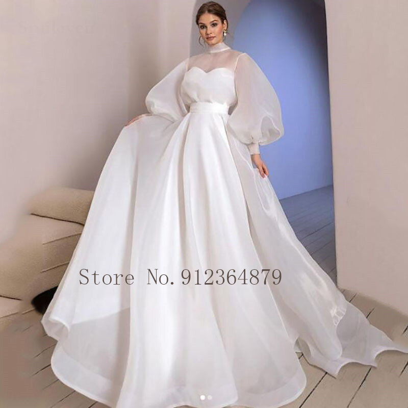 Eleganckie suknie ślubne z organzy z dekoltem bufiaste rękawy suknia ślubna proste i czyste Vestido De Novia 2024
