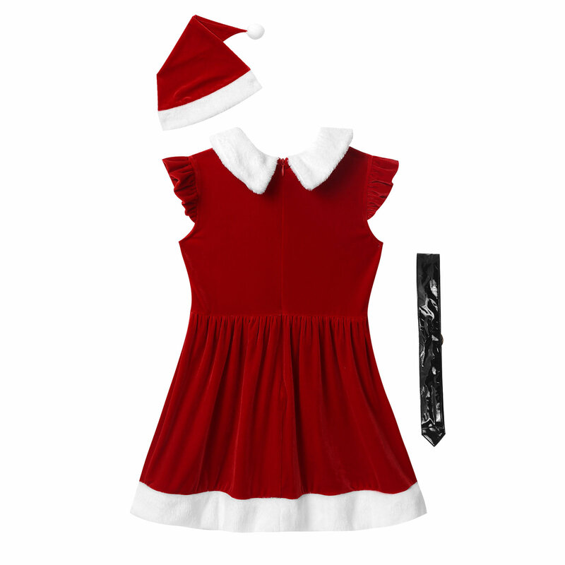 Fantasia de natal para meninas, vestido com manga de babado e chapéu com cinto, para festa de inverno, vestido de veludo