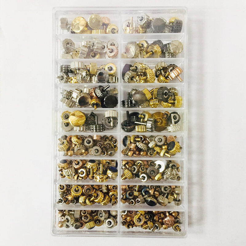 150-160 pezzi di ricambio della corona dell'orologio di pz/scatola, accessori assortiti rame d'argento della sostituzione delle parti della corona dell'orologio