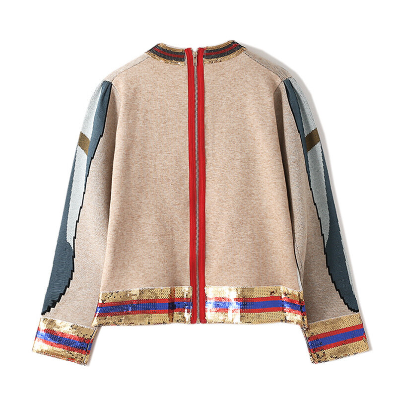 2020 otoño mujeres lentejuelas top mujeres suéter de manga larga Animal bordado back zipper lana tejido pulóver señoras Casual B-009