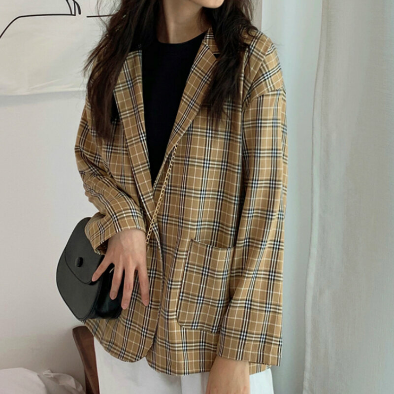 Blazers Womens Plaid Single Button Short Loose Ladies Pockets Causual Jacket Ulzzang British Style Chic Outerwear Newest Spring
