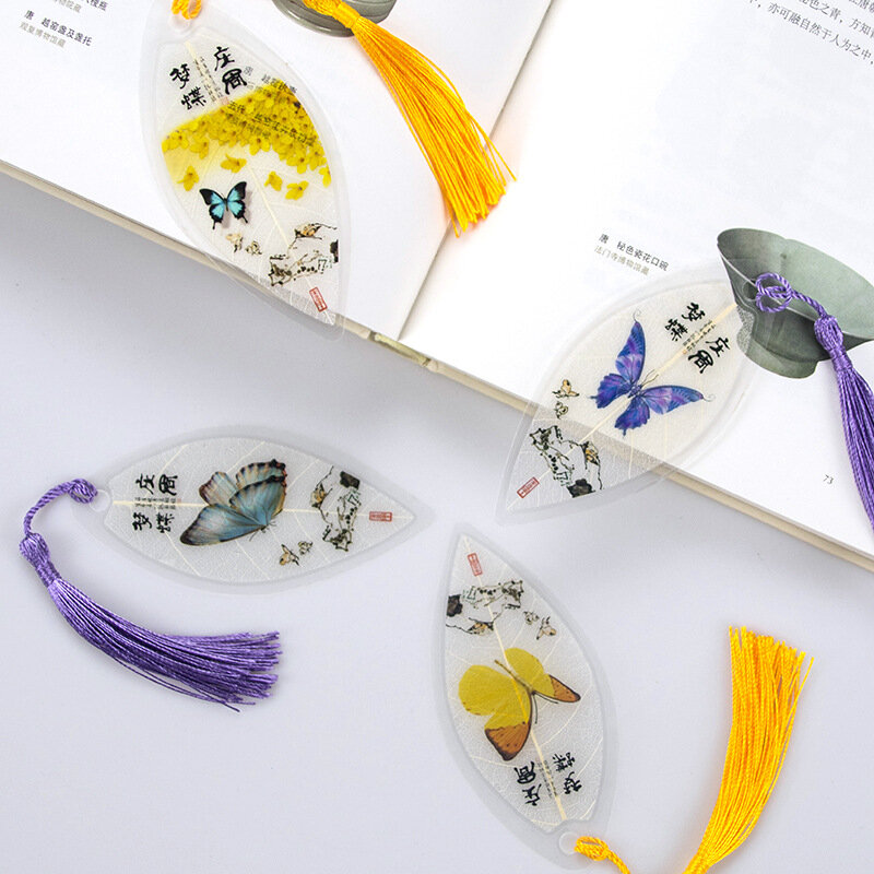 Marcapáginas de borla de estilo chino, marcapáginas con forma de mariposa, borla, hoja, adecuado para la oficina, escuela, regalo para estudiantes, papelería