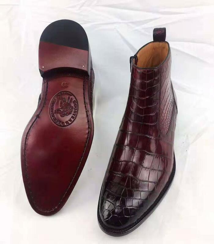 Burgandy-Botas de invierno de piel de cocodrilo 100% auténtica para hombre, zapatos de invierno de 2 colores, con forro de piel de vaca auténtica
