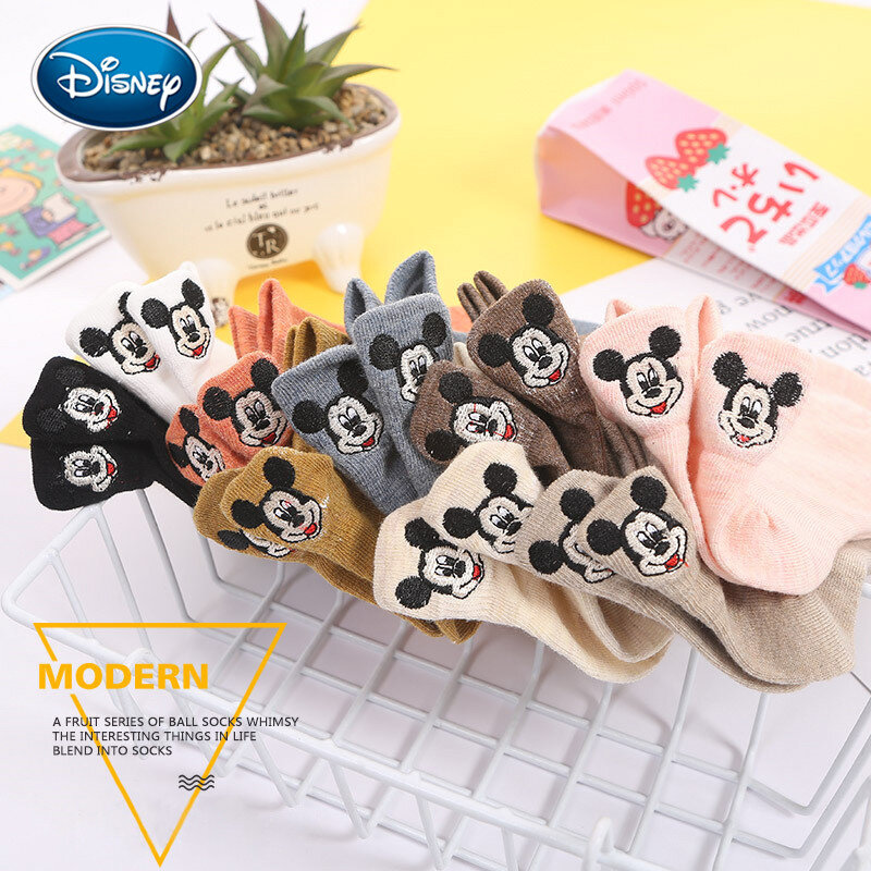 Disney-Meias femininas de animais animados coloridos, meias Mickey Mouse, meias de tornozelo, algodão, bordado, menina engraçada
