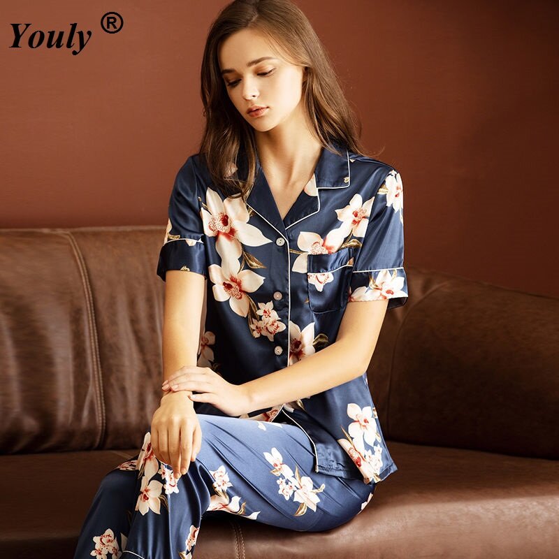 Conjunto de pijama informal de satén con estampado Floral para mujer, ropa de dormir de manga corta con pantalones largos y bolsillo, para verano y otoño