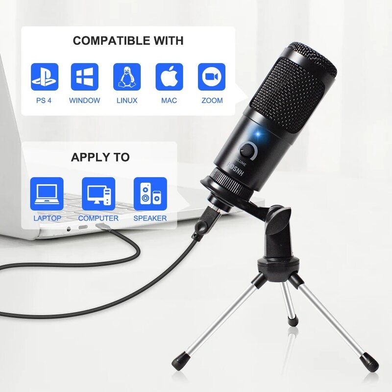 Micrófono USB de condensador D80, dispositivo de grabación con soporte y anillo de luz para PC, Karaoke, Streaming, Podcasting, Youtube