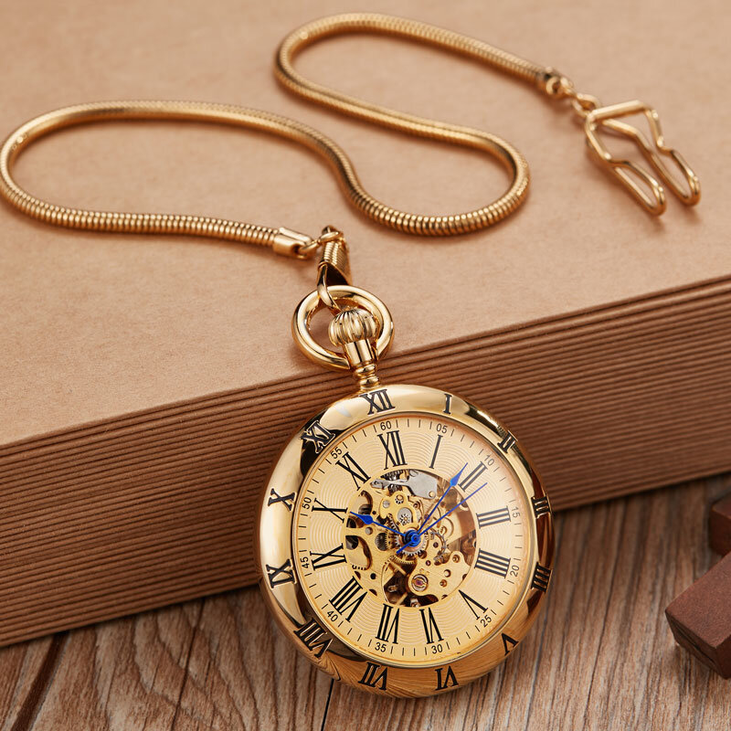 Reloj de bolsillo mecánico automático de cobre y plata para hombre, reloj de cadena Fob, reloj de números romanos, relojes de bolsillo de alta calidad