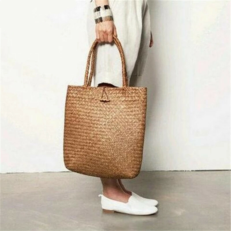 حقيبة يد نسائية مصنوعة يدويًا من القش والقش ، حقيبة كتف منسوجة من الخوص ، تسوق