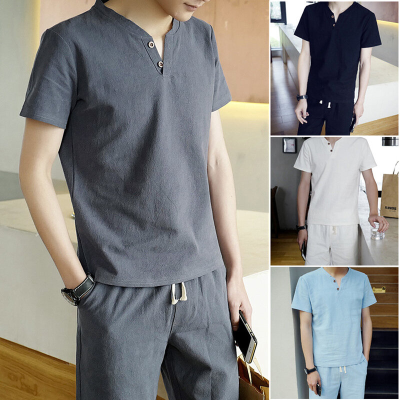 Chinese Style Summer Men Linen Tang Suit Short Sleeve V-neck T-shirt+shorts Clothing Set Breathable Oriental Costumes