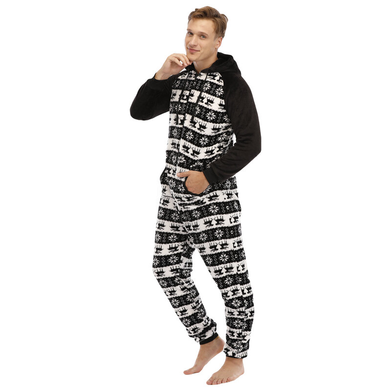 Mono de franela para hombre, sudadera de manga larga, pijama de una pieza, informal, Chándal estampado negro de Navidad
