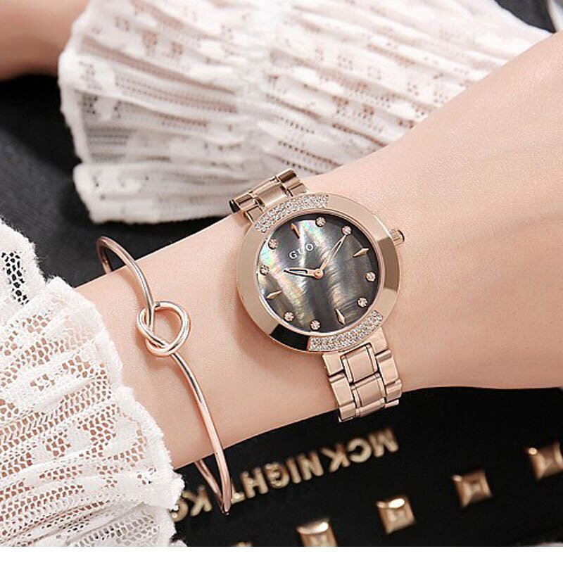 Guou Marca De Luxo Exquisite Rhineston Rose Gold Steel Mulher Casual Quartz Clocks Lady Relógios Relógio De Pulso Simples Relogio Feminino