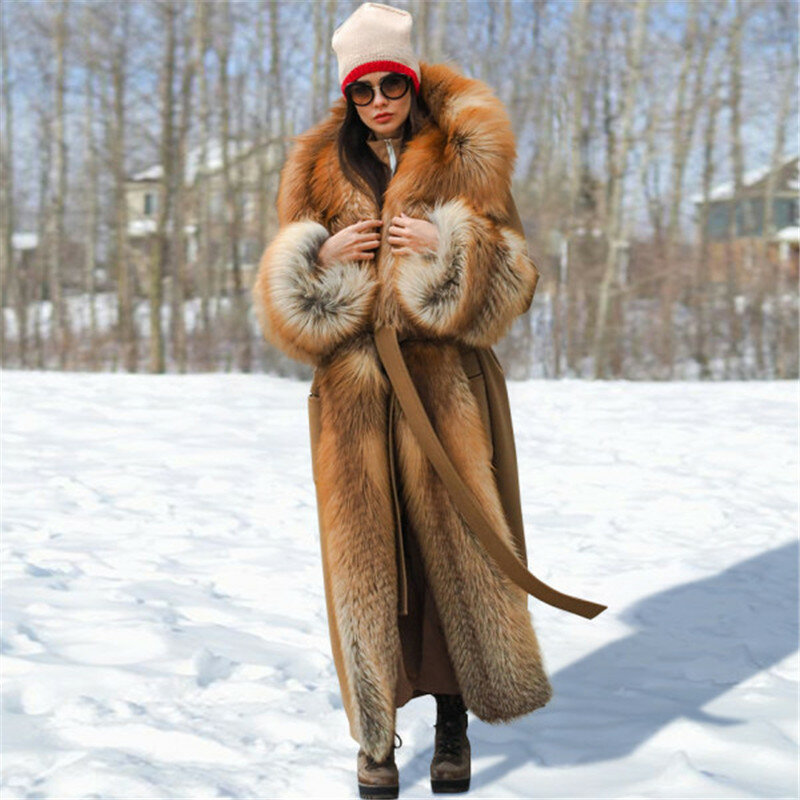 Модное длинное шерстяное пальто с длинным воротником из лисьего меха, пальто из натурального меха, трендовые зимние женские кашемировые пальто, верхняя одежда из лисьего меха