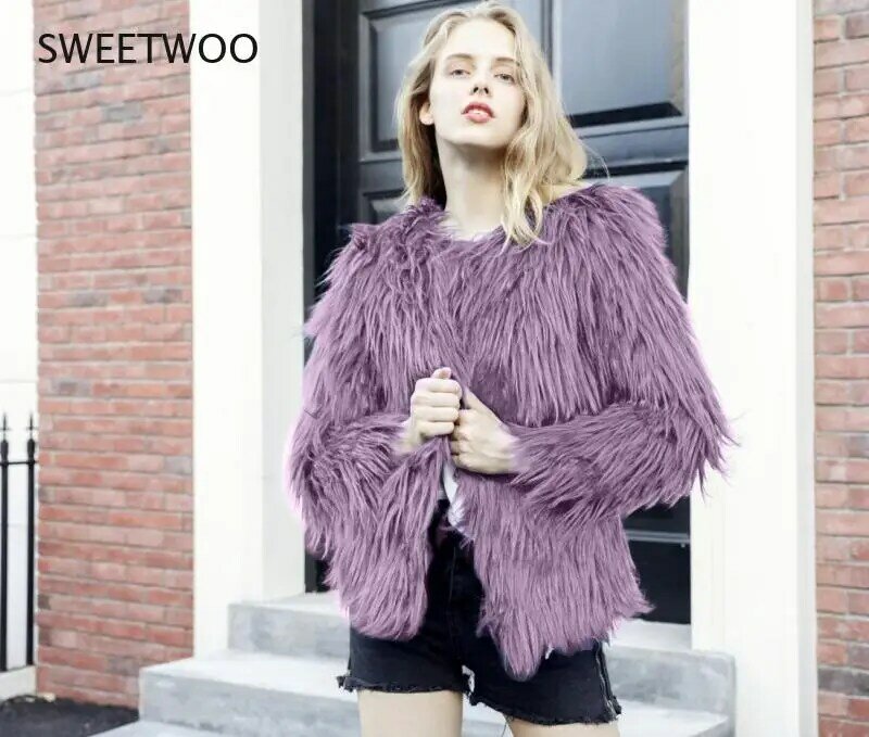 Elegante Furry Pelz Mantel Frauen Flauschigen Warme Lange Hülse Weibliche Oberbekleidung Herbst Winter Mantel Jacke Haarigen Mantel 4Xl