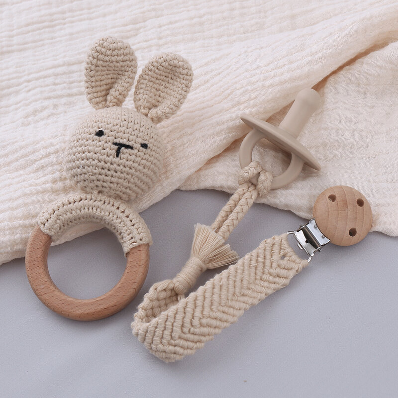 1 zestaw Crochet Cartoon Bunny zabawka gryzak dla niemowląt BPA bezpłatne buk drewniany pierścień gryzak bawełna smoczek z klipsem łańcuch noworodka sutek Holder