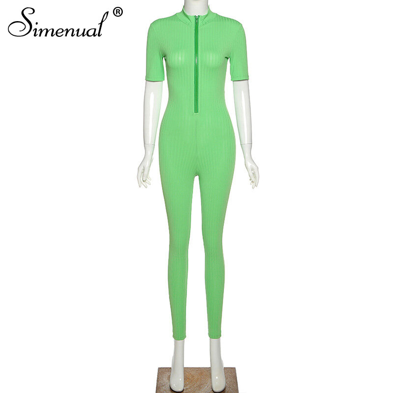 Simenual 늑골이있는 지퍼 캐주얼 스포티 한 Rompers Womens Jumpsuit 짧은 소매 Bodycon 스키니 운동 Active Wear Fashion Jumpsuits
