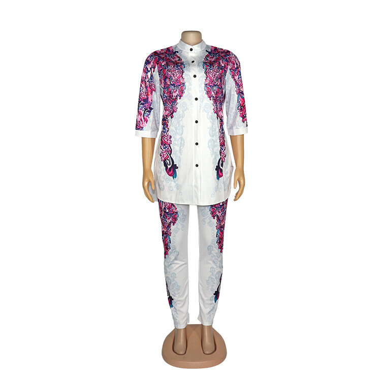 파마 여성 세트 화이트 3/4 슬리브 버튼 다운 셔츠 + 스웨트 팬츠, 핫 드릴 프린트 라운지 세트 앙상블 아프리카 여성