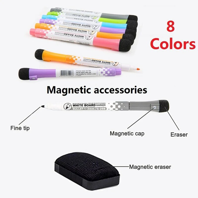 Quadro magnético de apagamento seco para geladeira ímãs, geladeira placas brancas, 8 marcadores coloridos, 1 Eraser prancheta, A3, tamanho A4