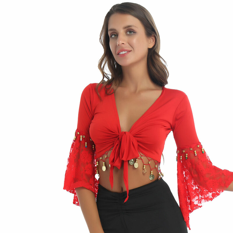 Women Indian Belly Dance Costume Lace Patchwork Flare Sleeve Bead Tassel Lace-Up Shawl Cardigan Crop Tops Bellydance Shawls Wrap
