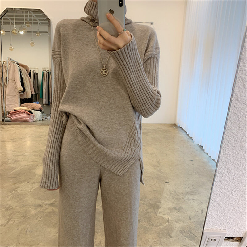Alien Kitty  Women Casual Two-Pieces Siut Sets Solid Knit Turtleneck Elegant Wide Leg Pant Fashion Sweater  Female Office Lady
