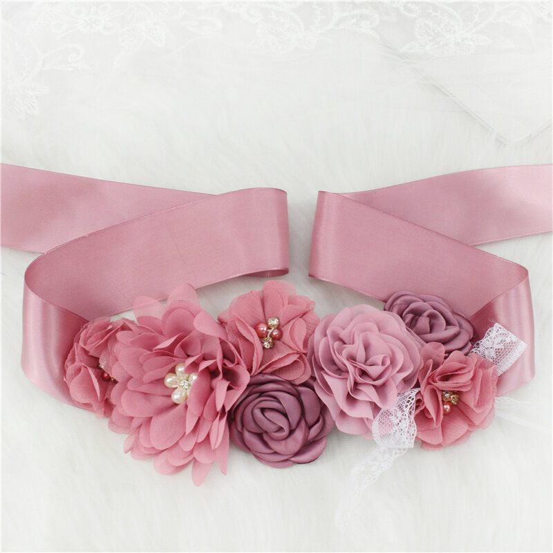 Pink Putih Biru Ungu Mode Bunga Sabuk Pernikahan Mutiara Busur Gaun Pengantin Sabuk Pita Pengantin Sabuk Ikat Pinggang Gaun Pesta Pengiring Pengantin