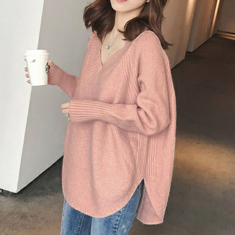 Frauen Casual Lose Pullover Einfarbig V-ausschnitt Split Mode Japanischen Stil Gestrickte Pullover Pullover Herbst Winter 2020 Tops