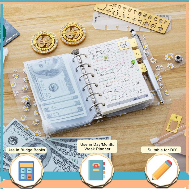 A7 Daisy Binder Notebook Personal Planner Budget ซองจดหมายเงินสด8 Binder Pockets,1ไม้บรรทัด,45เติมกระดาษ,2ป้ายสติกเกอร์