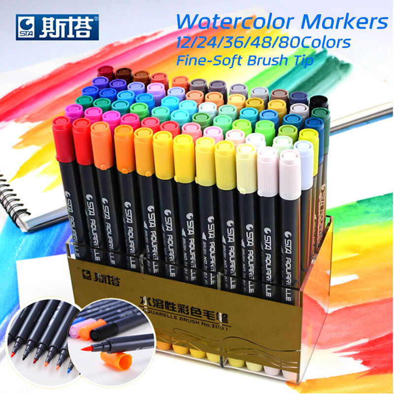 STA 80 색상 더블 헤드 물 기반 잉크 스케치 마커 펜 수채화 브러쉬 마커 펜 드로잉 디자인 페인트 아트 용품