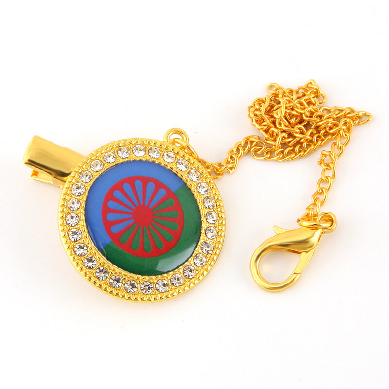 Clip per ciuccio Bling Golden Gypsy Romani Flag porta catena per succhietto Clip per manichino per bambini Cadena in metallo sicuro