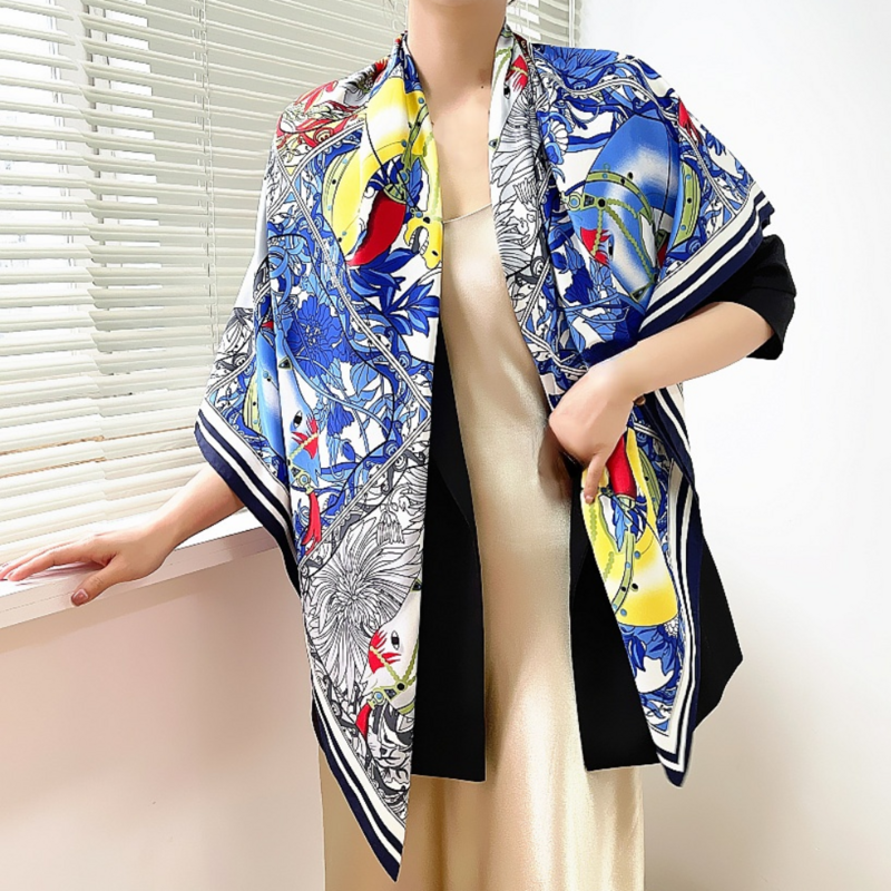 Lenço de seda quadrado feminino 100% bandana de seda, xale fashion, lenço para senhoras, design de marca, cavalo lindo, 130cm