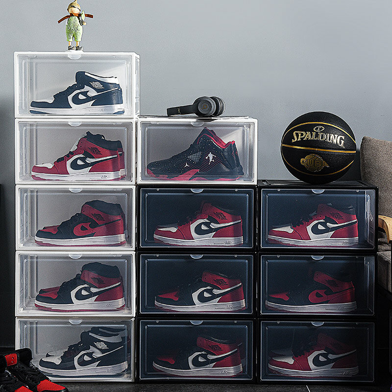 2 sztuk AJ Sneakers Box hartowane plastikowe pudełko na buty wieżowych do przechowywania w szafce Box wysokie góry pyłoszczelne AJ buty organizatorzy stojak na buty