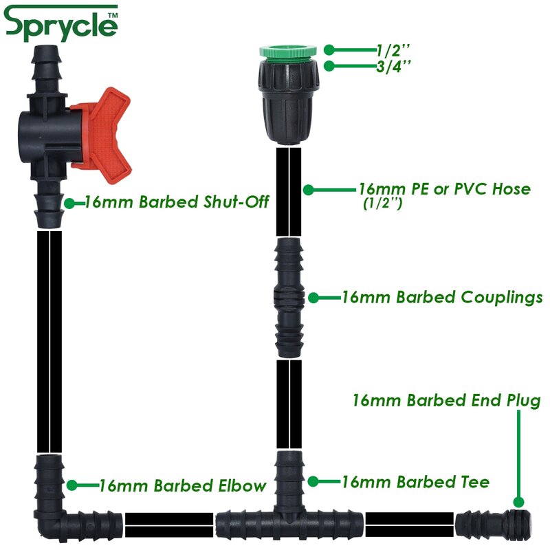 SPRYCLE 마이크로 드립 관개용 가시 티 커넥터, 1/2 인치 PE 파이프 튜브 호스, 마이크로 피팅 정원, 3 방향 급수, 16mm, 10 개