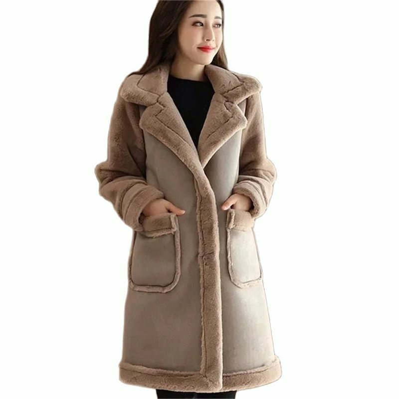 Jaket wol domba tebal hangat, mantel bulu domba panjang wanita, jaket hangat Musim Dingin 2022 ukuran 6XL