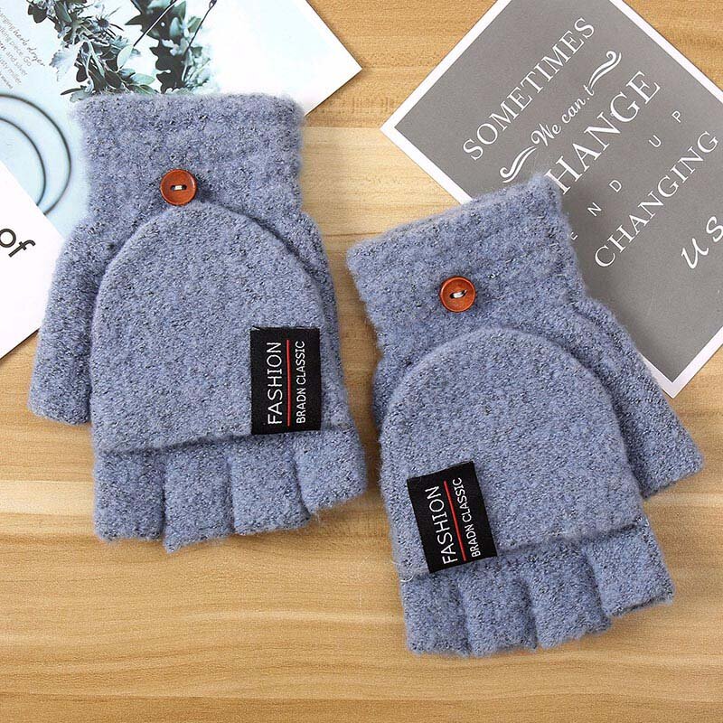 Winter Acrylic Wool Plus Plush Thick Jacquard Knit Warm Half Finger Flap Writing Mittens Men Touch Screen Knit Typing Gloves J8