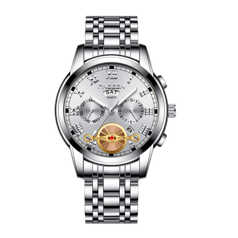 腕時計メンズトゥールビヨン鋼ベルトクォーツ時計メンズファッション防水カレンダー発光学生スポーツ多機能腕時計