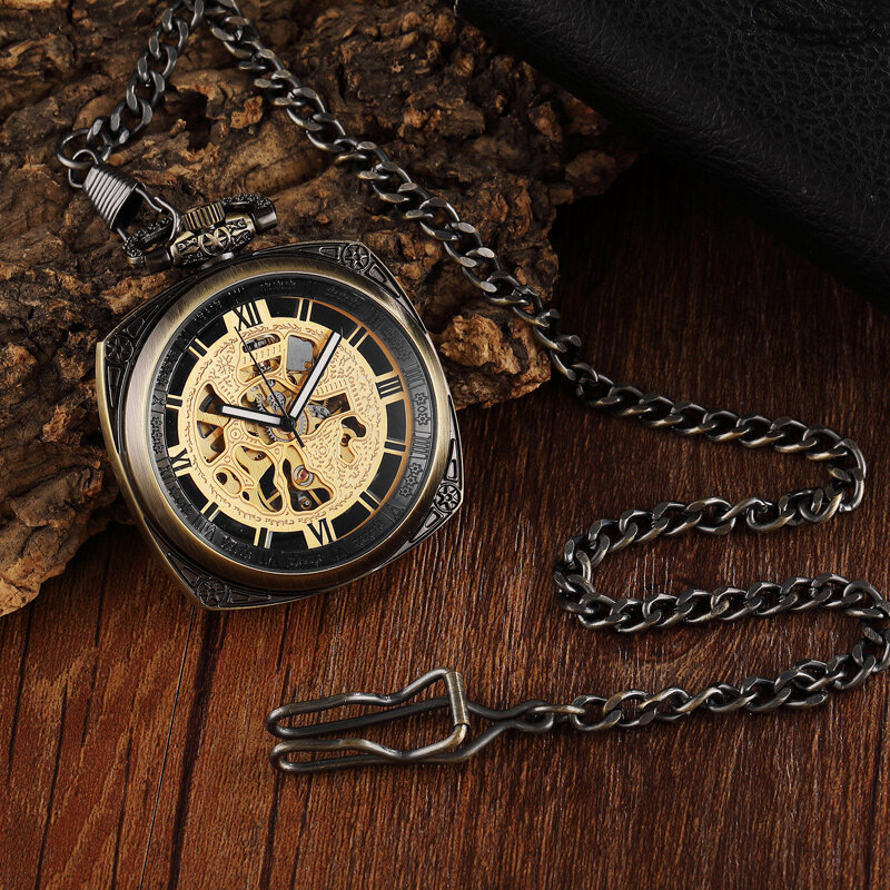 Vintage Fob Clock Retro Square Dial Steel Mechanical Pocket Watch Men Hollow Skeleton Steampunk Pendant Watches for Women Men