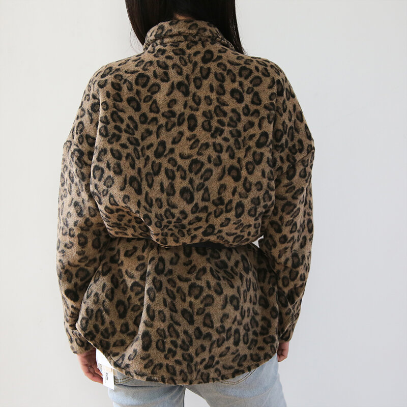 Woolen Shirts Leopard Blouses for Women Autumn Oversized Woman Tops and Blouses Plus Size Casual Woman Warm Woolen Blouses
