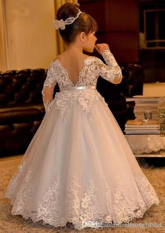 Flower Girl Dresses for Weddings  Princess Sheer Long Sleeve Lace Applique Back  Girls Pageant Gowns Princess Dresses